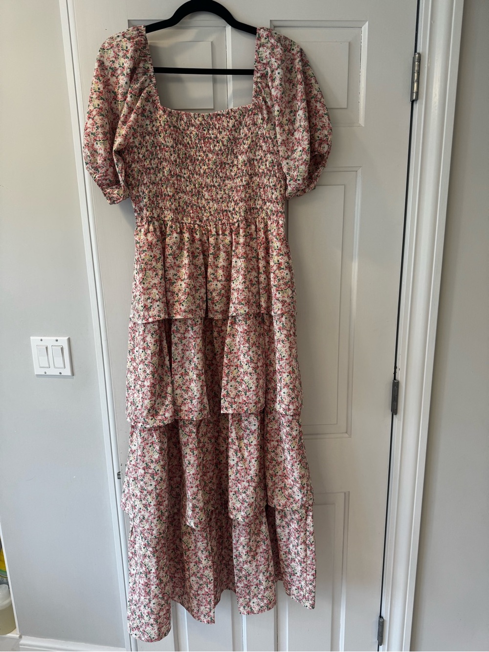 Smocked Pink Floral Tiered Puff-Sleeve Dress for Girls